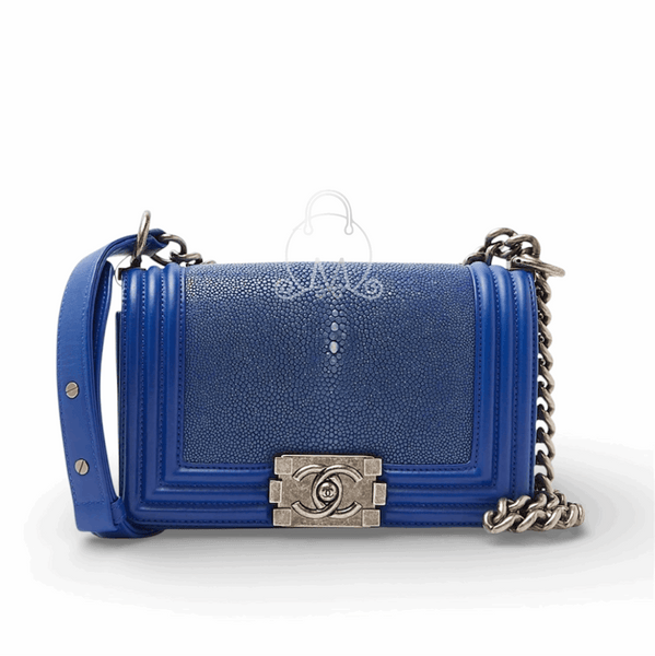 Authentic Chanel Small Boy Flap Bag – Blue Stingray & Lambskin, Palladium Hardware
