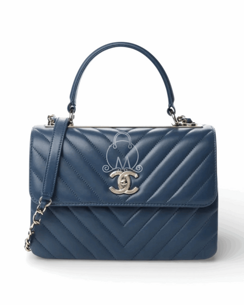 Chanel Trendy CC Shoulder Bag Blue Chevron Leather Silver Hardware Top Handle
