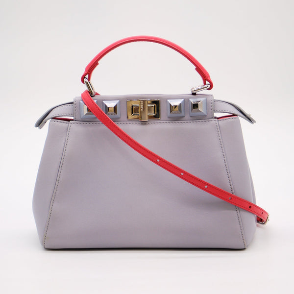 Authentic Fendi Peekaboo Mini Gray Red Studded Lambskin