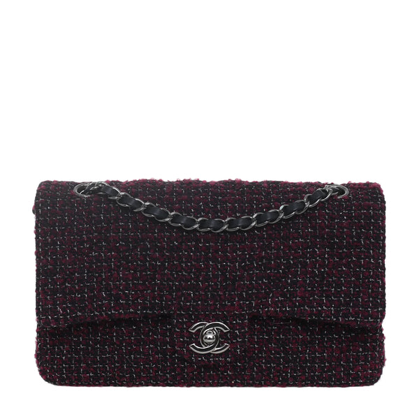 Pre-Owned Chanel Tweed Medium Double Flap Bag Burgundy Black